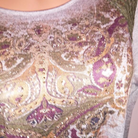 One World Knit Top Plus Size 1X Green Crochet Studded Bling Long Sleeve Boho - Picture 5 of 9